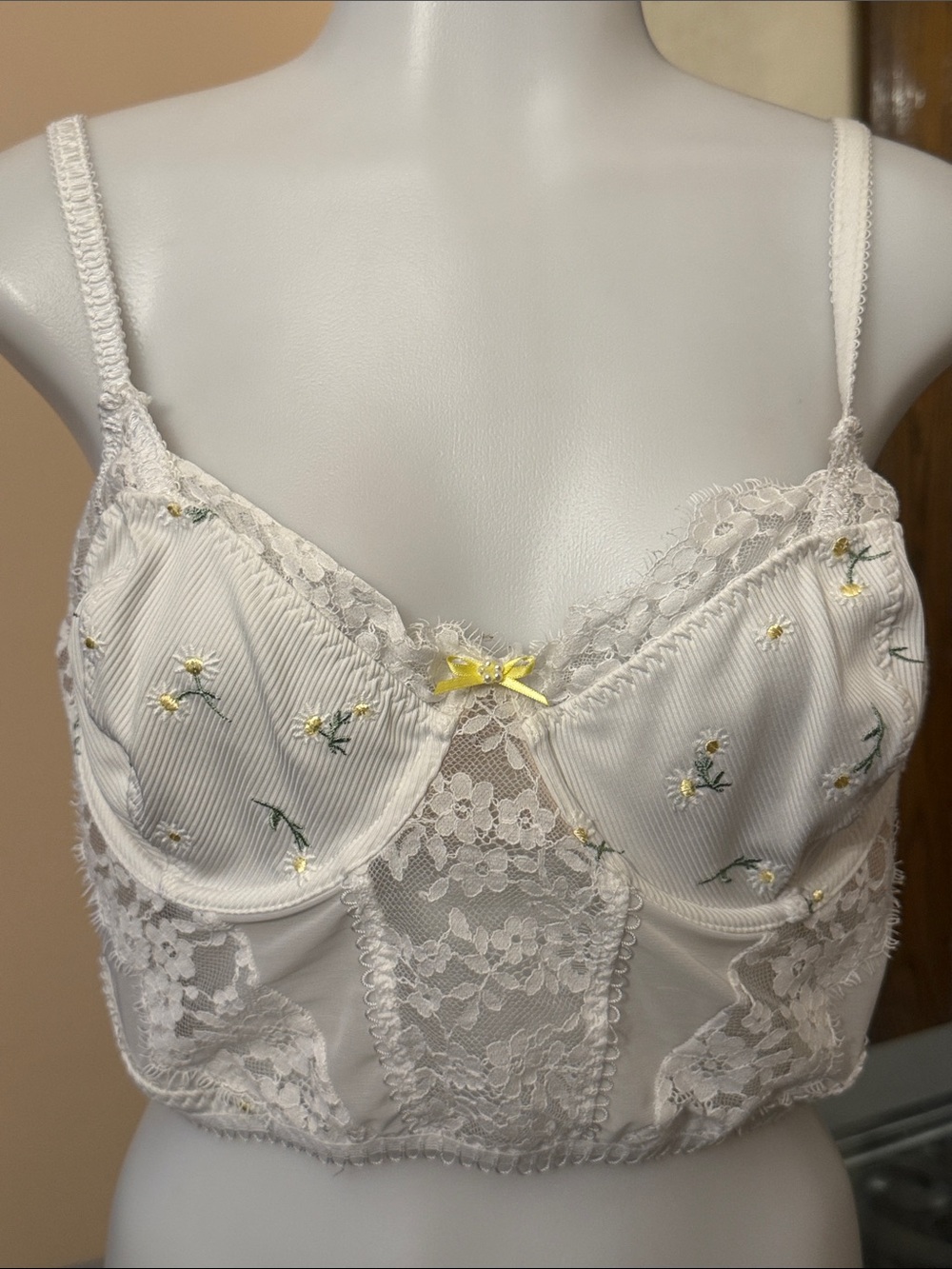 For Love & Lemons XL Lia White Lace Longline Bra Yellow Daisy Embroidery